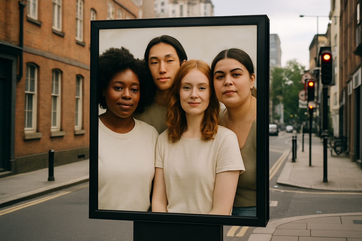 Diversity Laundering Ethics shown in realistic urban ad with genuine diversity.