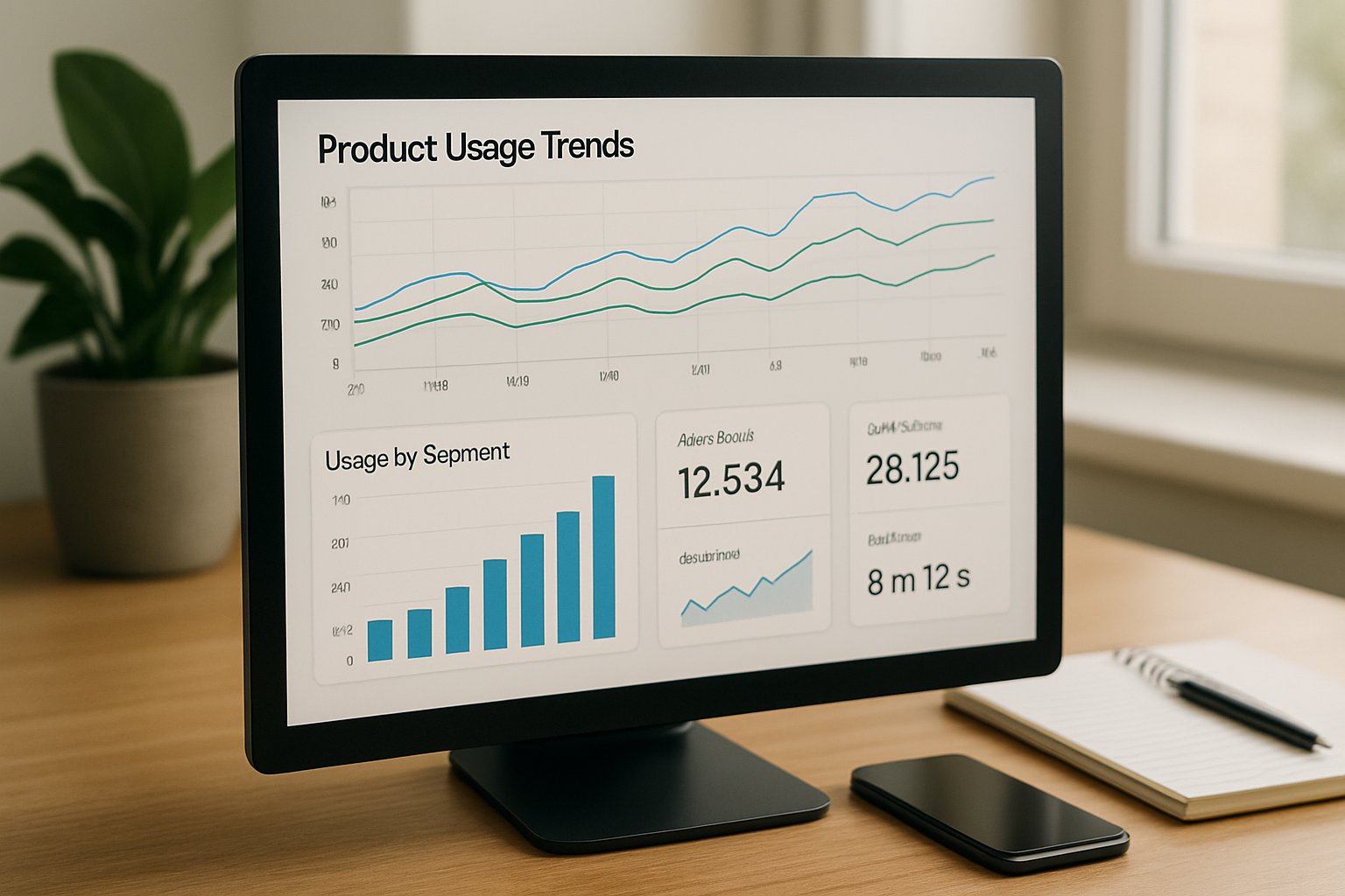 Realistic analytics dashboard showing Usage Surge statistics on screen.