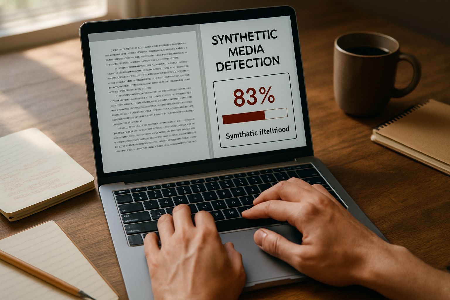 Detection software analyzing text for Synthetic Media authenticity on laptop.