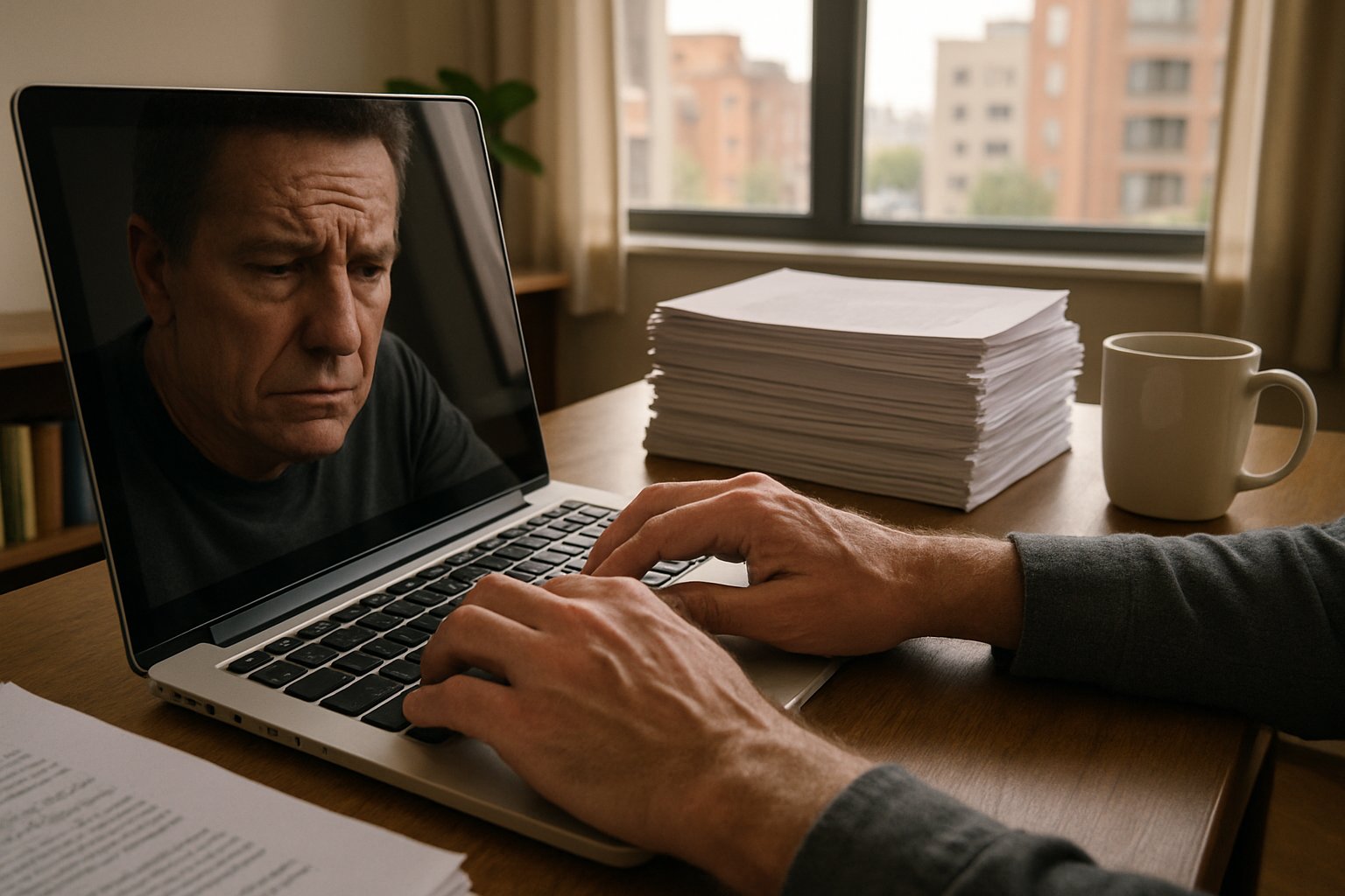 Author concerned about Publishing Crisis while typing on laptop at home.