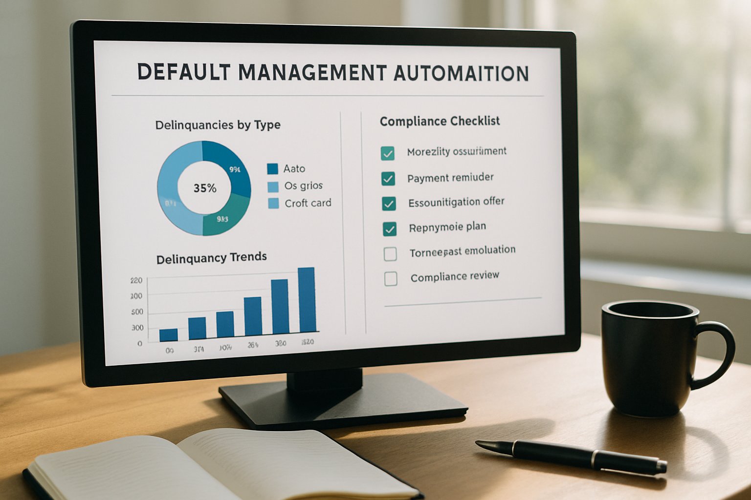 Default Management Automation software interface with compliance and recovery metrics.
