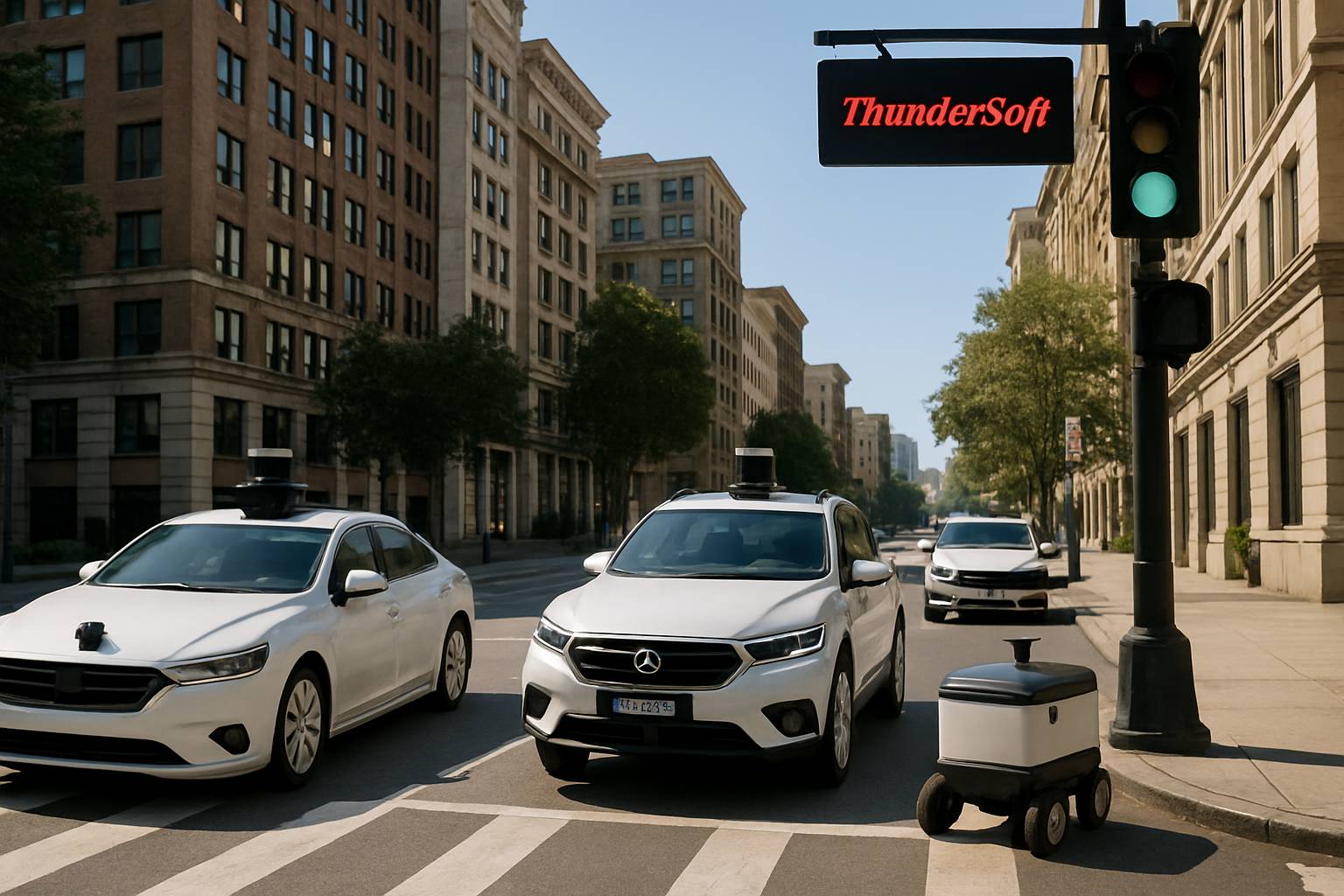 Autonomous vehicles powered by ThunderSoft Edge AI in a city environment.