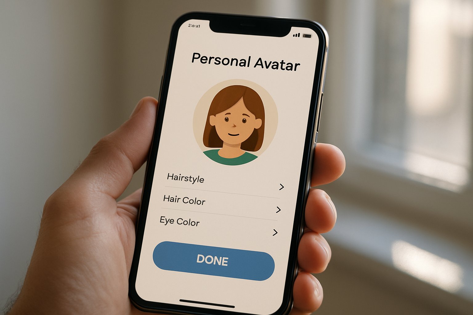 Smartphone close-up showcasing Personal Avatar application interface.