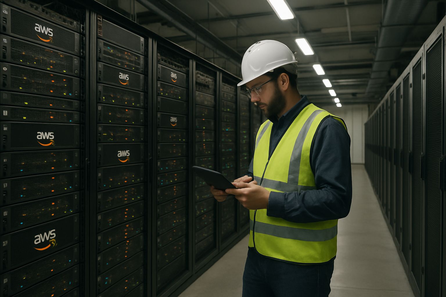 Technician inspects servers powering AWS cloud revenue growth in data center.