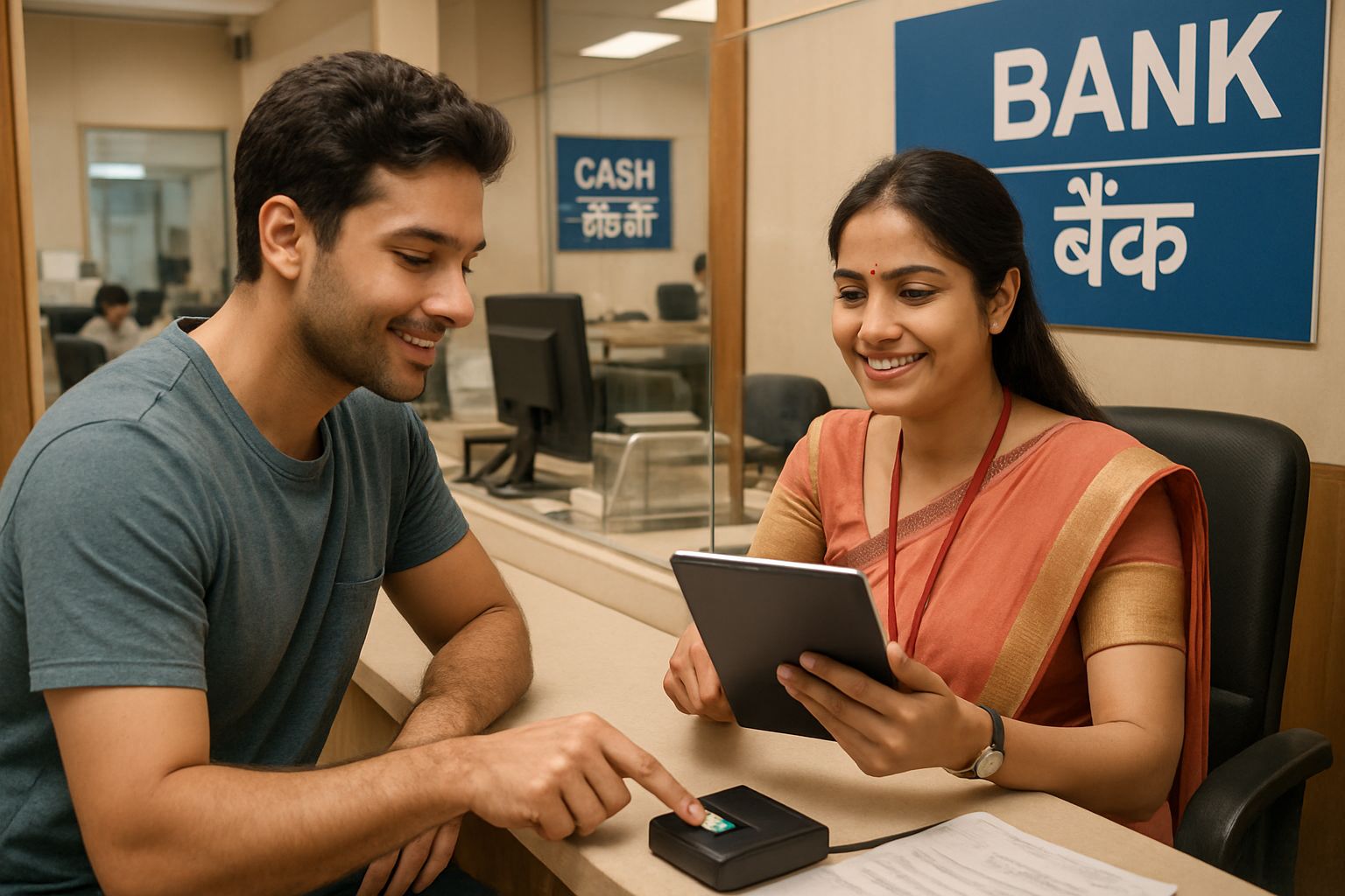 Indian Financial Identity verified by biometric scanner at local bank branch