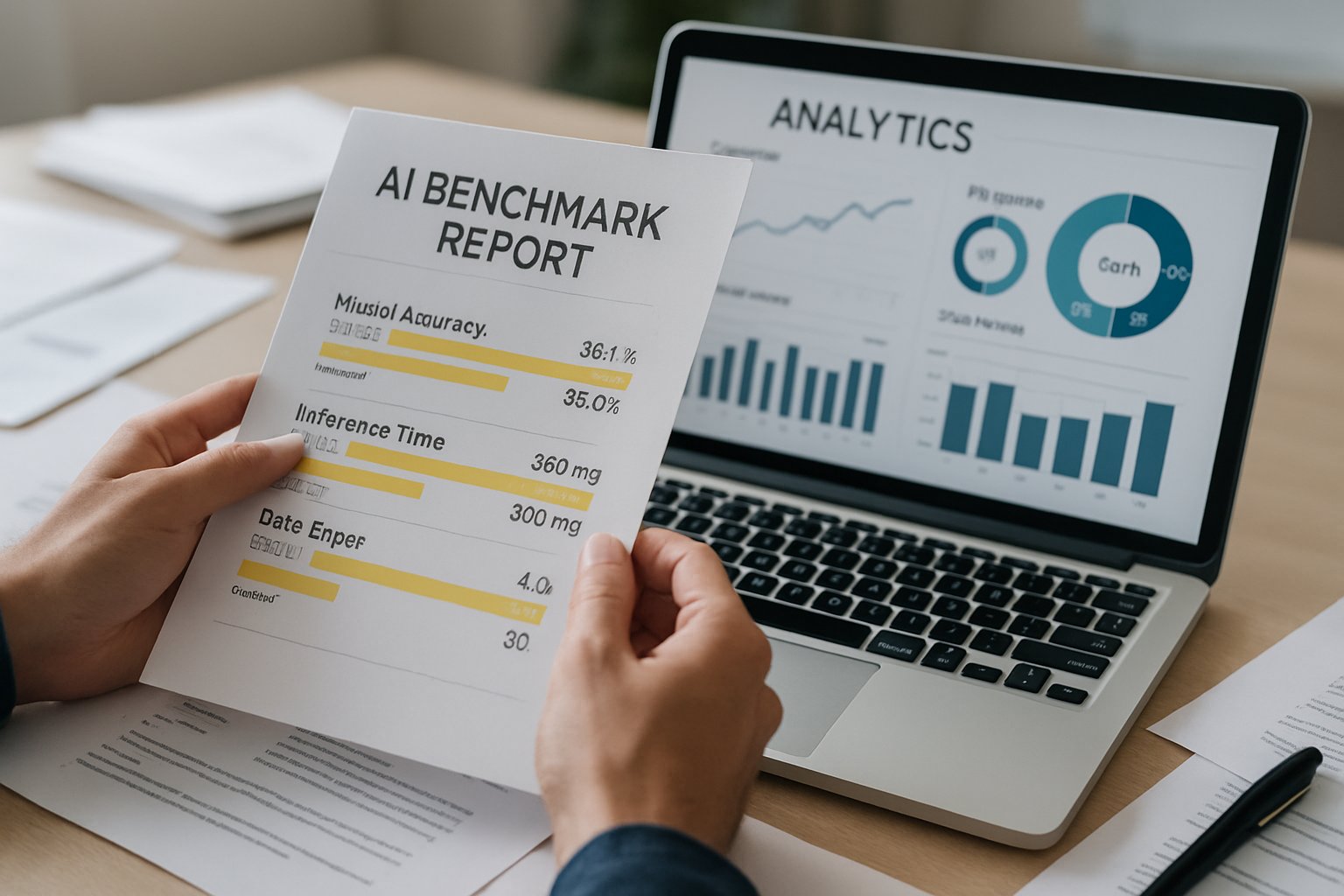 Highlighted discrepancies in AI Benchmark Fraud report on office desk.