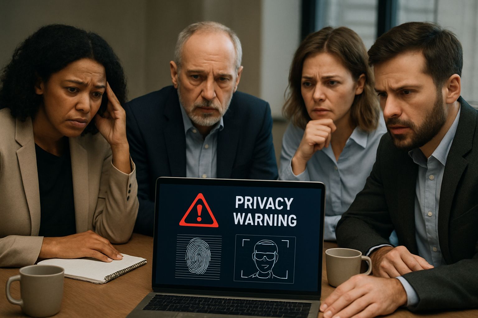 Office workers discuss Privacy Data Breach showing biometric risks.