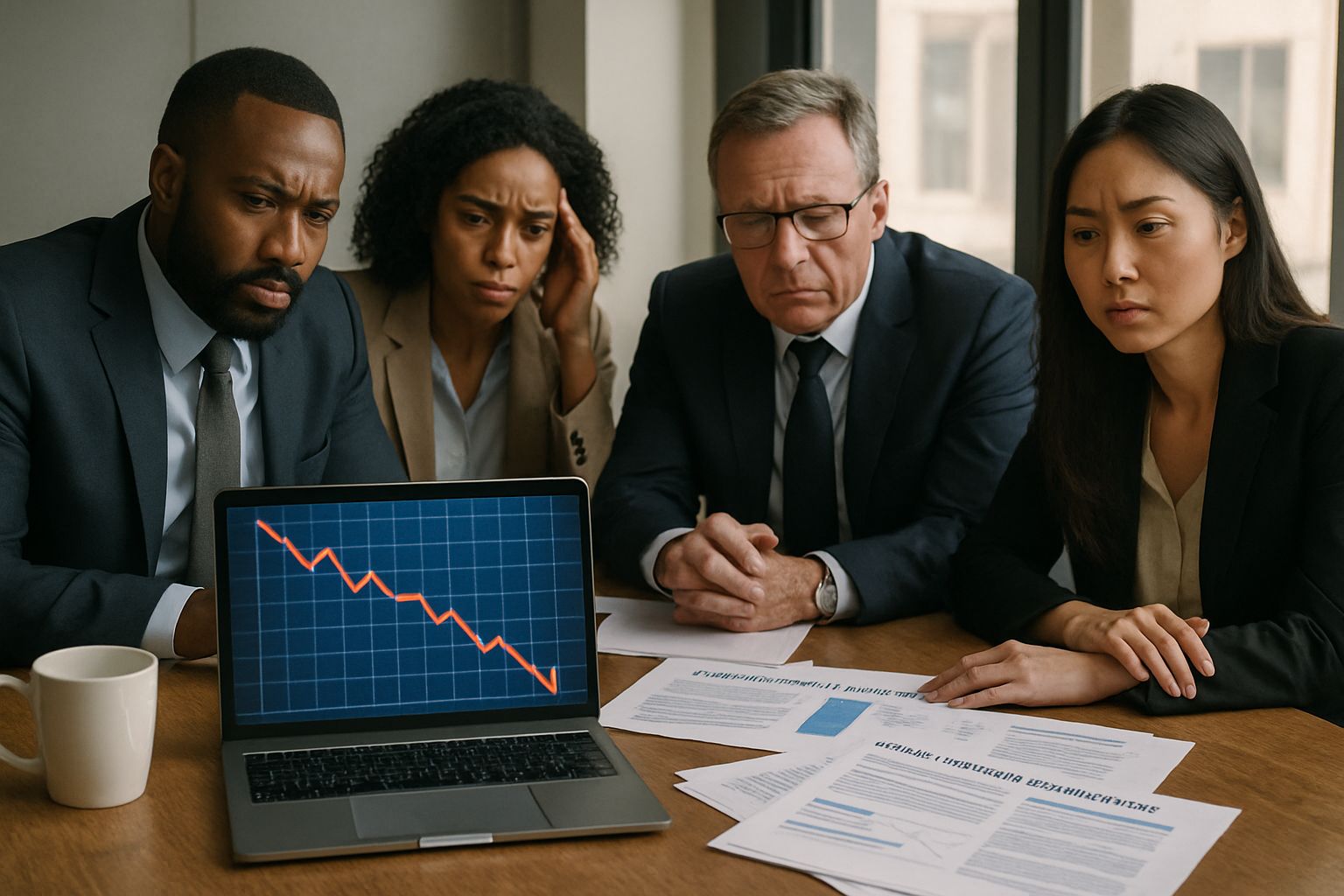 Business executives concerned about AI Infrastructure Failure and financial risks.