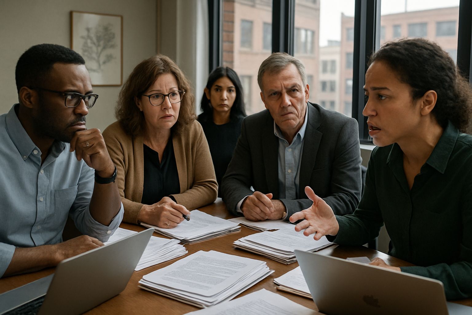 Literary Origin Scandal discussed by publishing boardroom team.