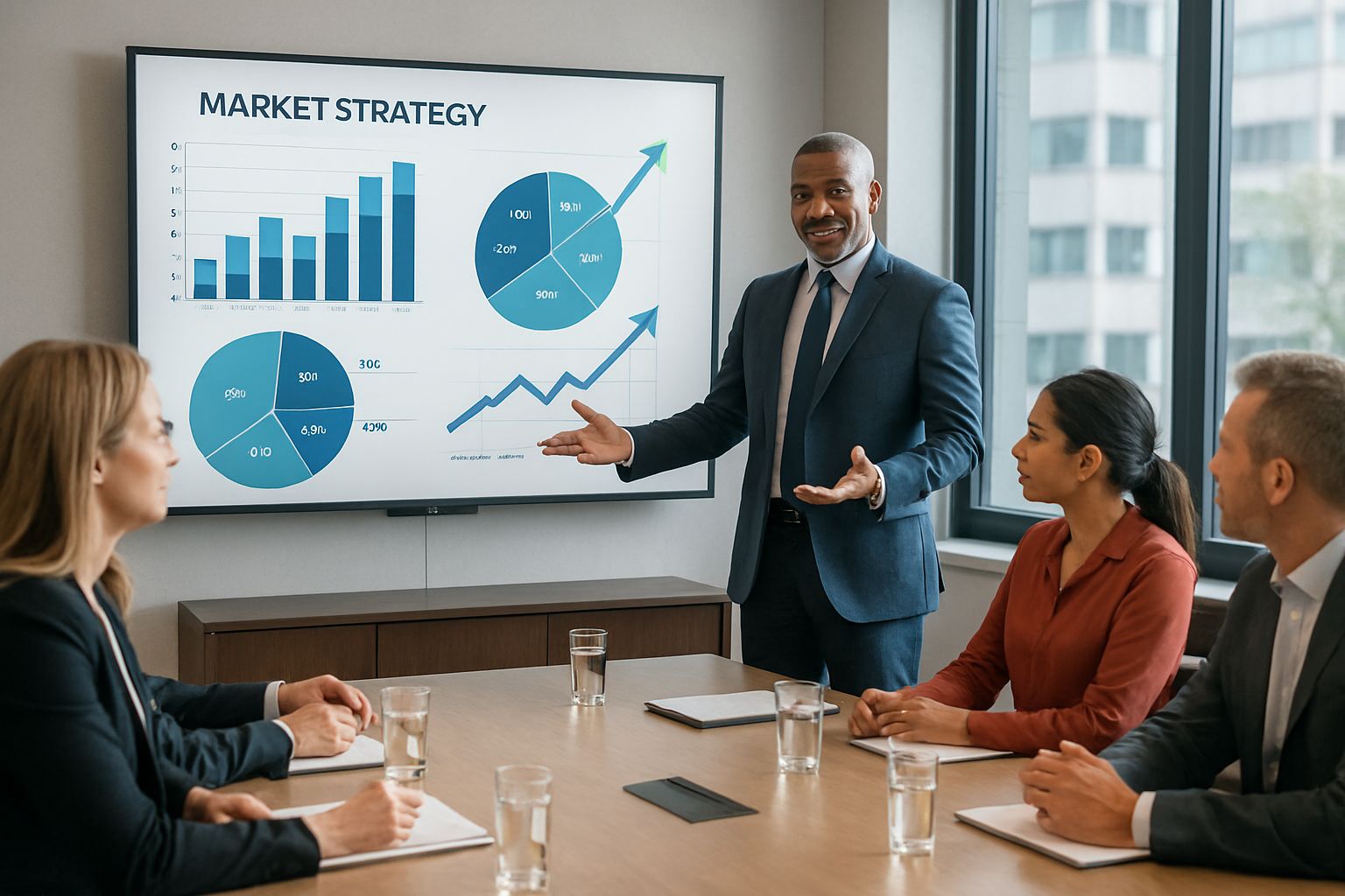 Executive presenting Market Strategy report with sector gains charts.