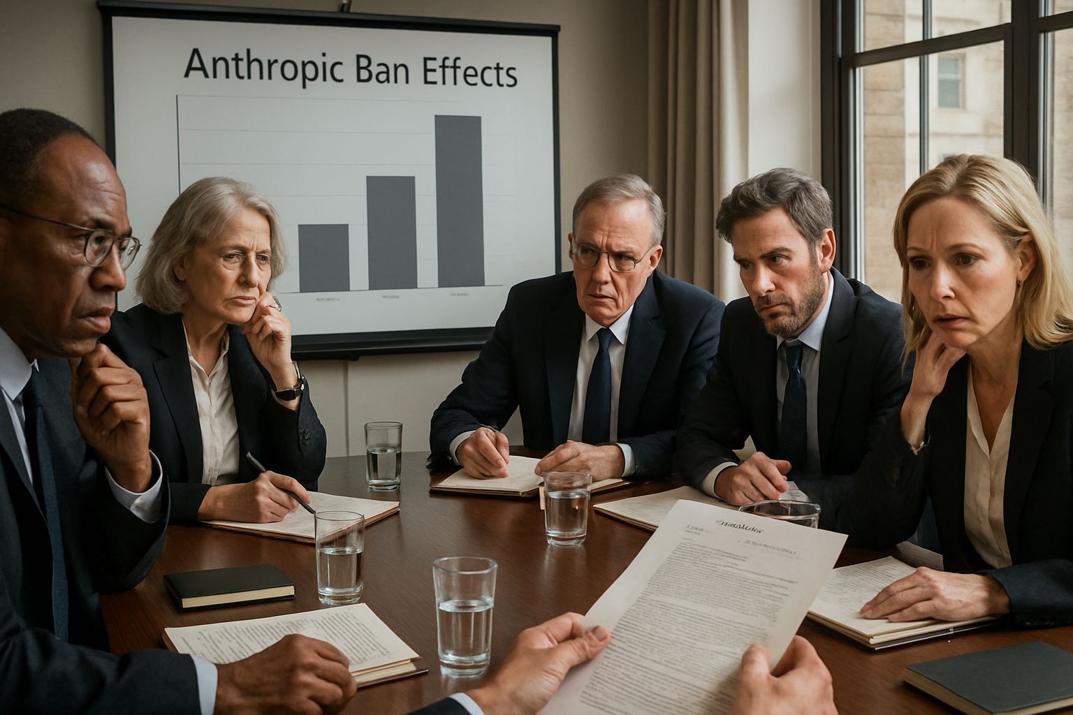 Executives discussing Sovereign Tech Conflict and Anthropic ban in conference room