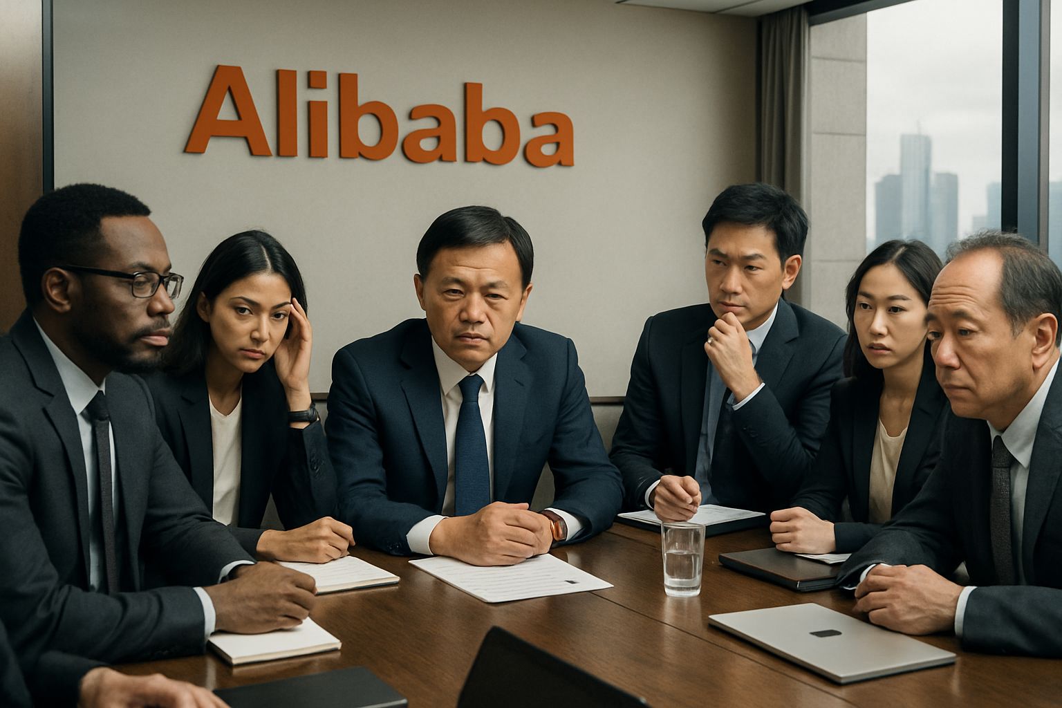 Alibaba team reacting to Qwen Resignation in modern boardroom.