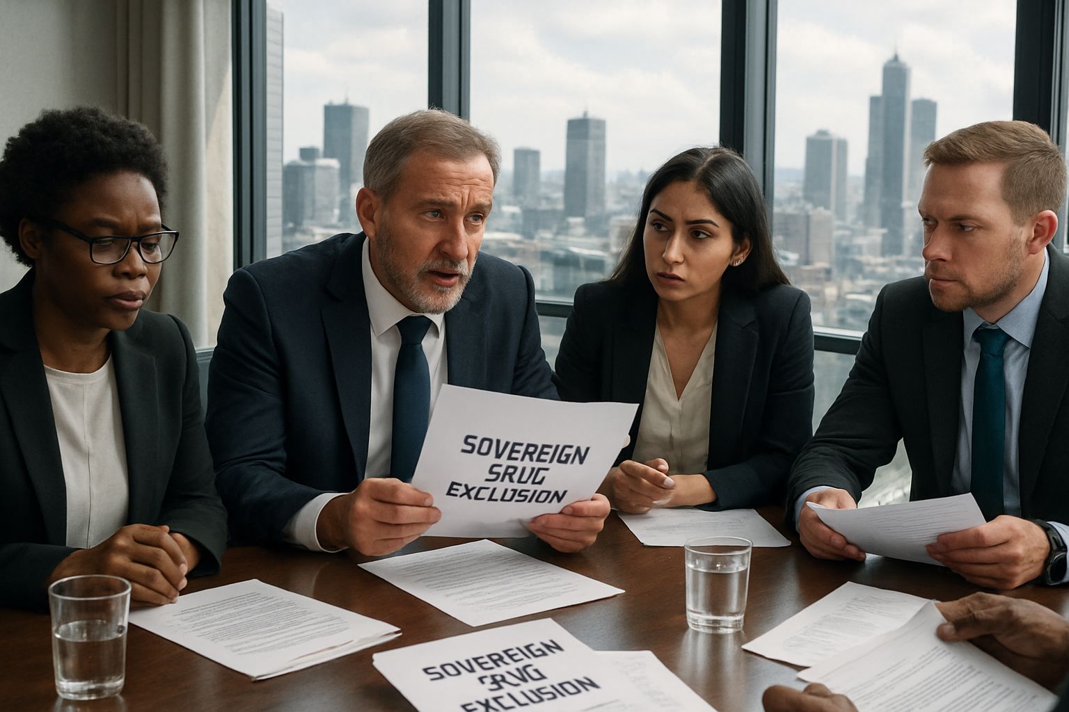 Executives collaborating in boardroom on Sovereign Tech Exclusion policy risks.