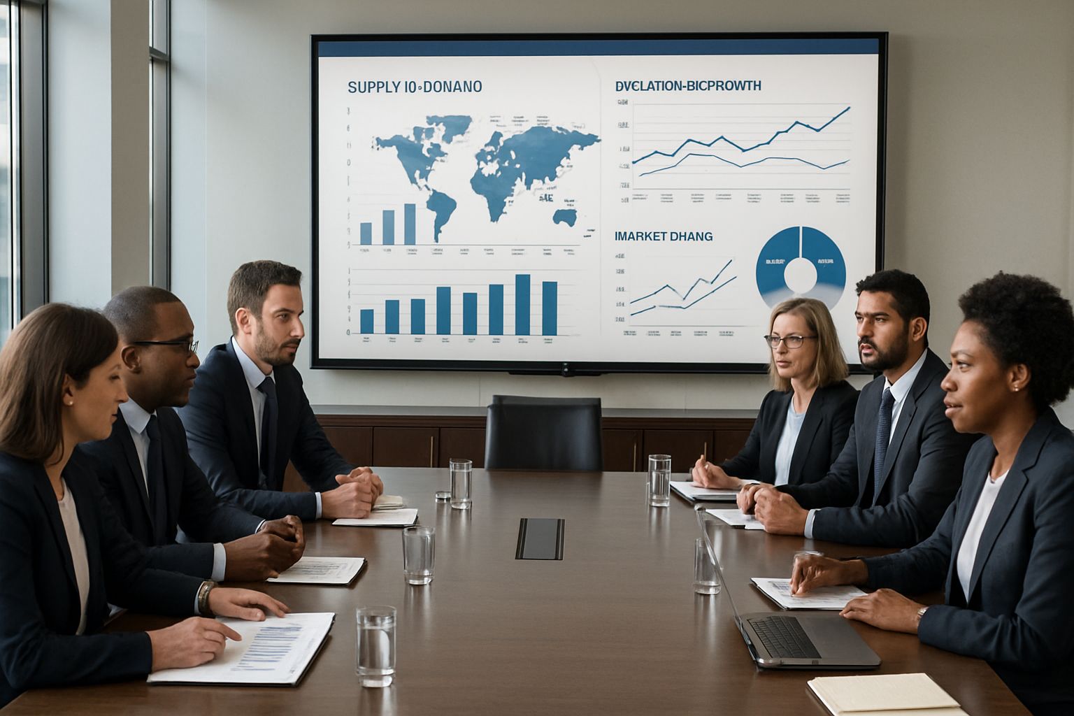 Executives discuss excess capacity with global trade charts and map in boardroom.