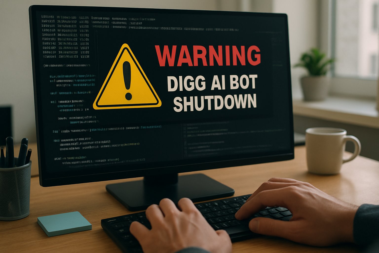 Computer screen with Digg AI Bot shutdown warning and detailed log files.