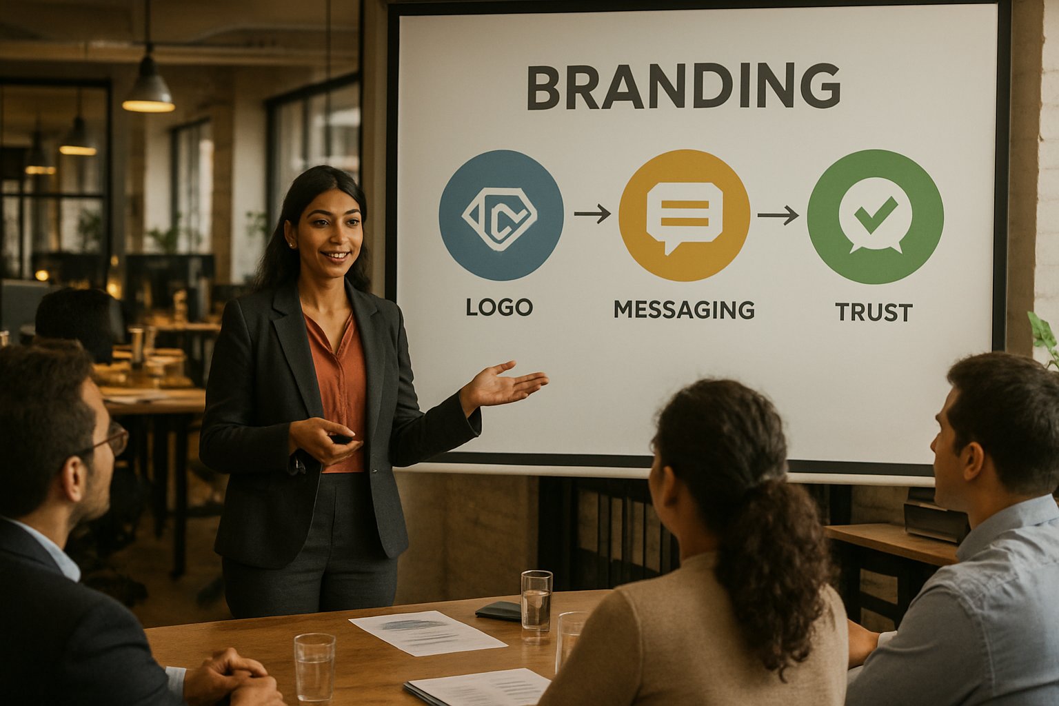 Indian presenter showcases B2B Brand Identity strategies during an office meeting.