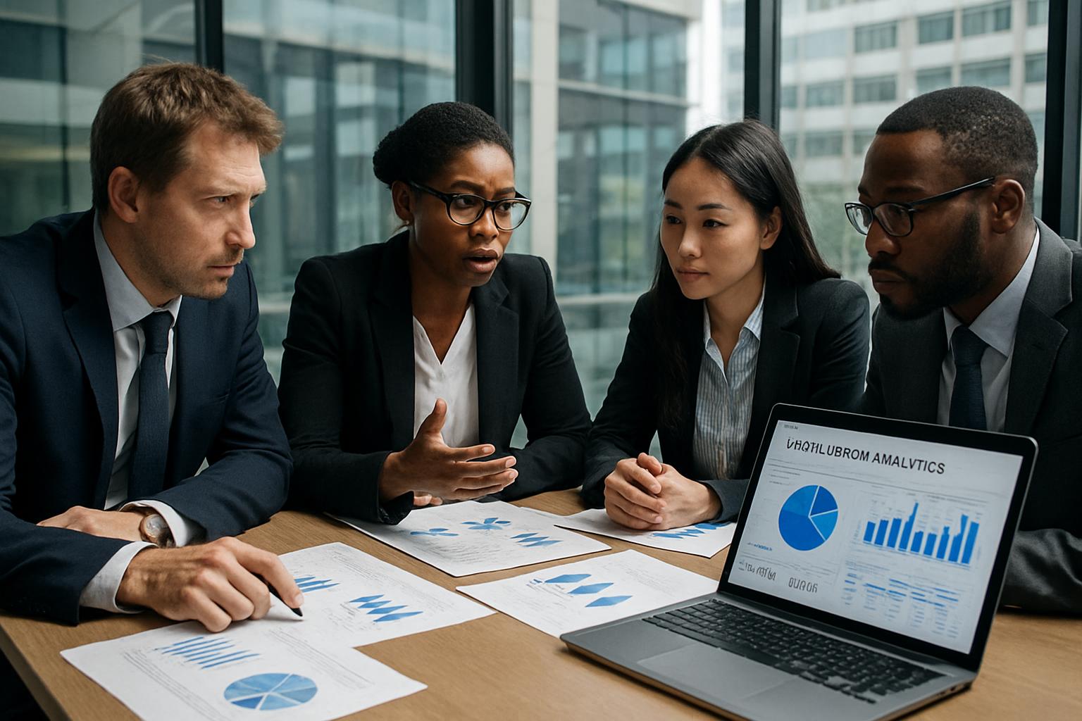 Brands tackling Digital Persona Crisis in office meeting with analytics.