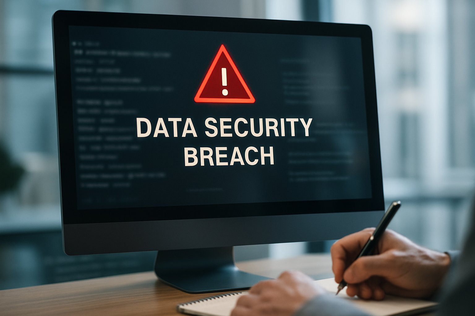 Data Security Breach warning on screen with professional reviewing information.