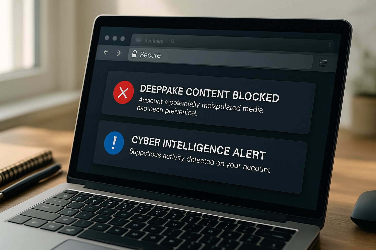 Secure browser window showing cyber intelligence alerts and deepfake blocking.