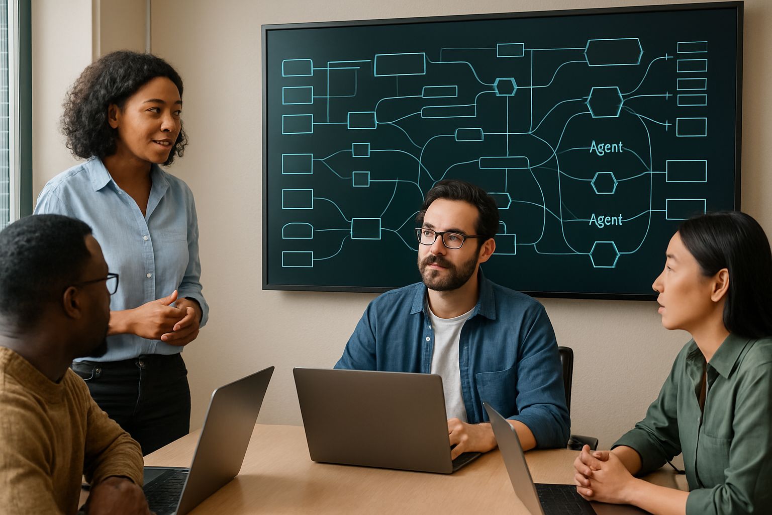 Developers designing Agentic Infrastructure at a modern office