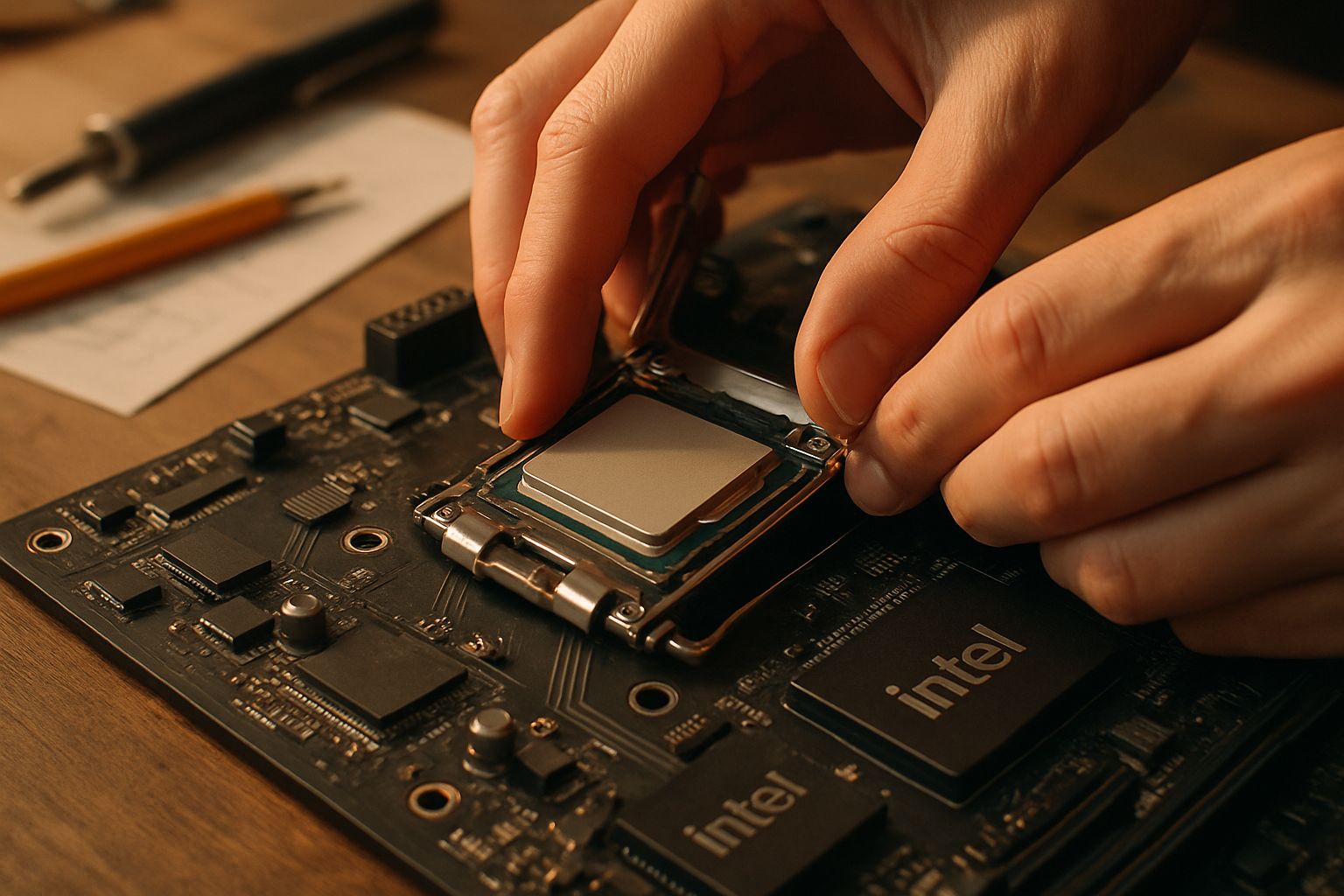 Hands assembling a motherboard symbolizing Computing Foundation advancements.