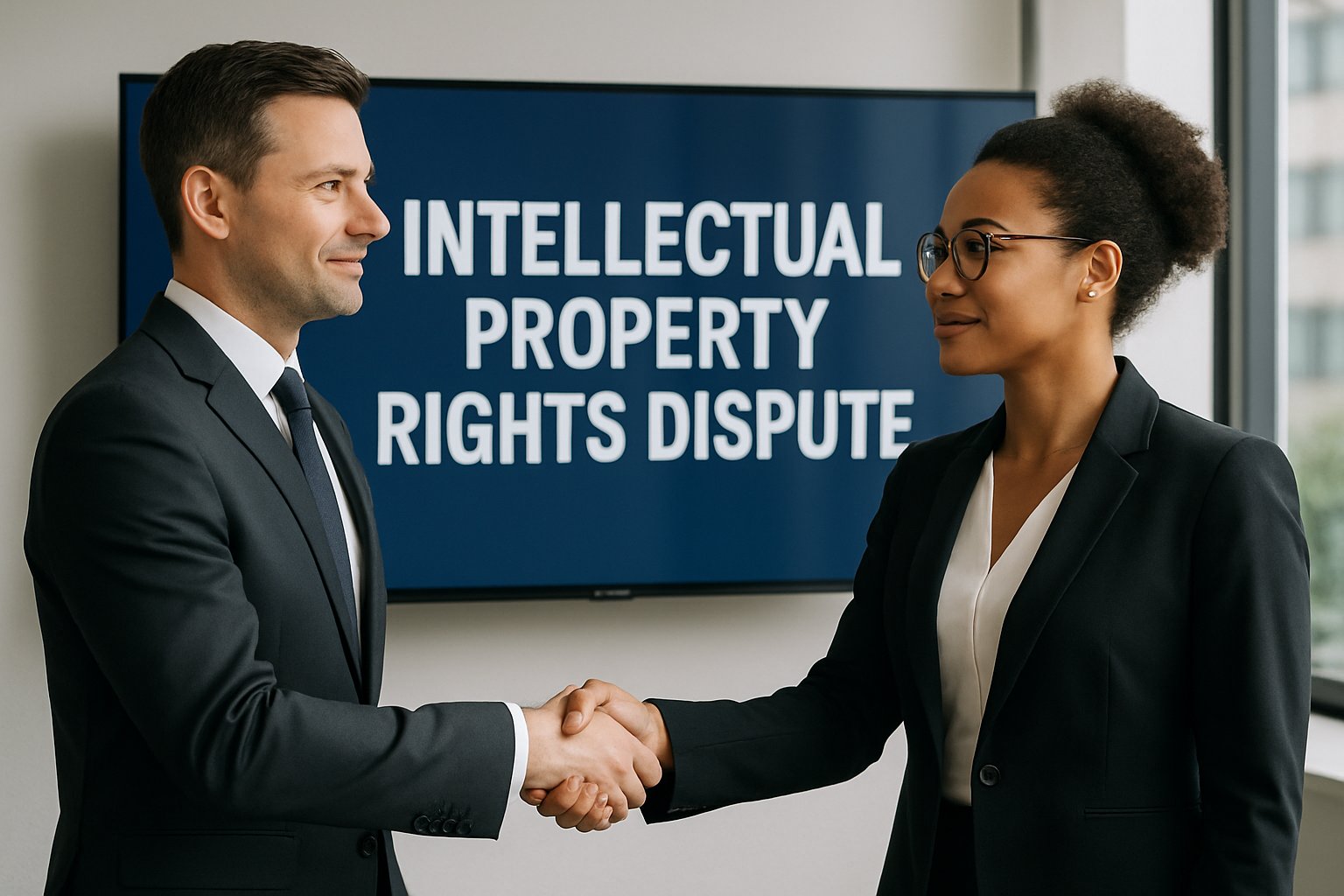 Business professionals discuss Intellectual Property Rights dispute in a modern office.
