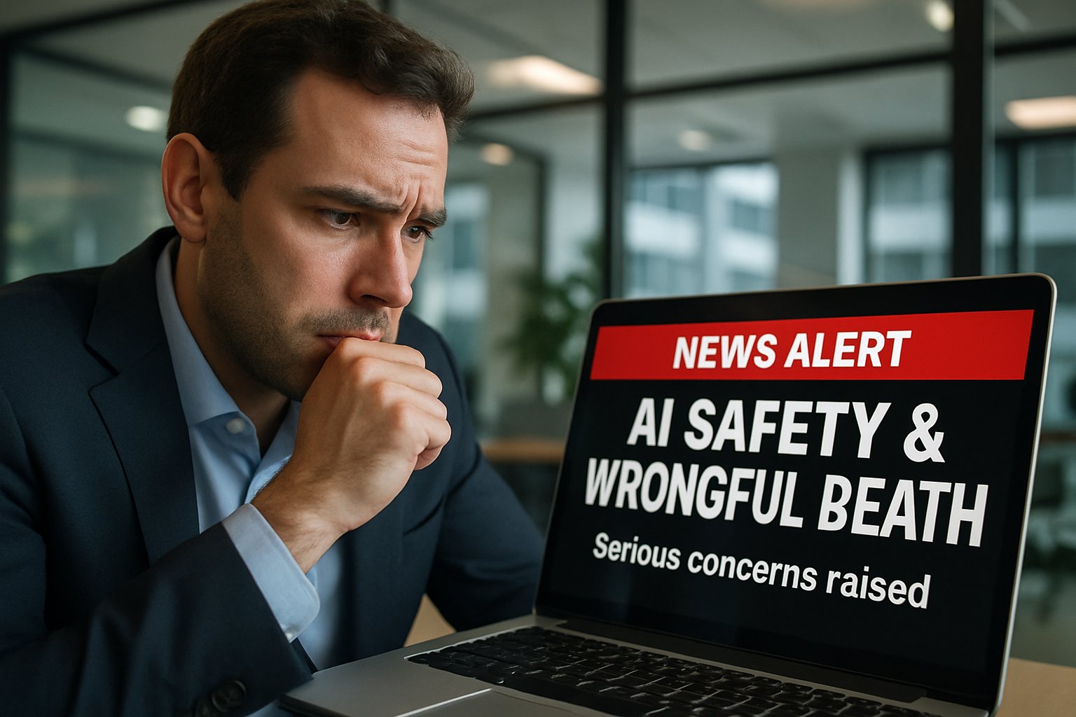 Business professional reads Gemini Wrongful Death lawsuit news on laptop.