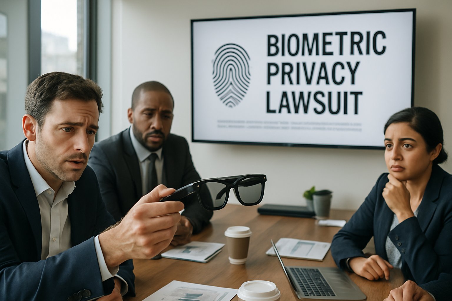 Business team discusses Biometric Privacy Lawsuit over Ray-Ban smart glasses in modern office