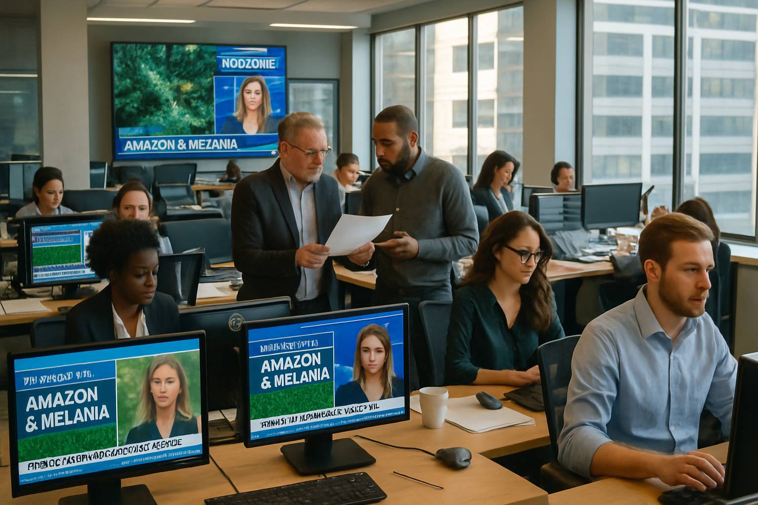 Newsroom debating Media Controversy surrounding Amazon-Melania documentary deal.