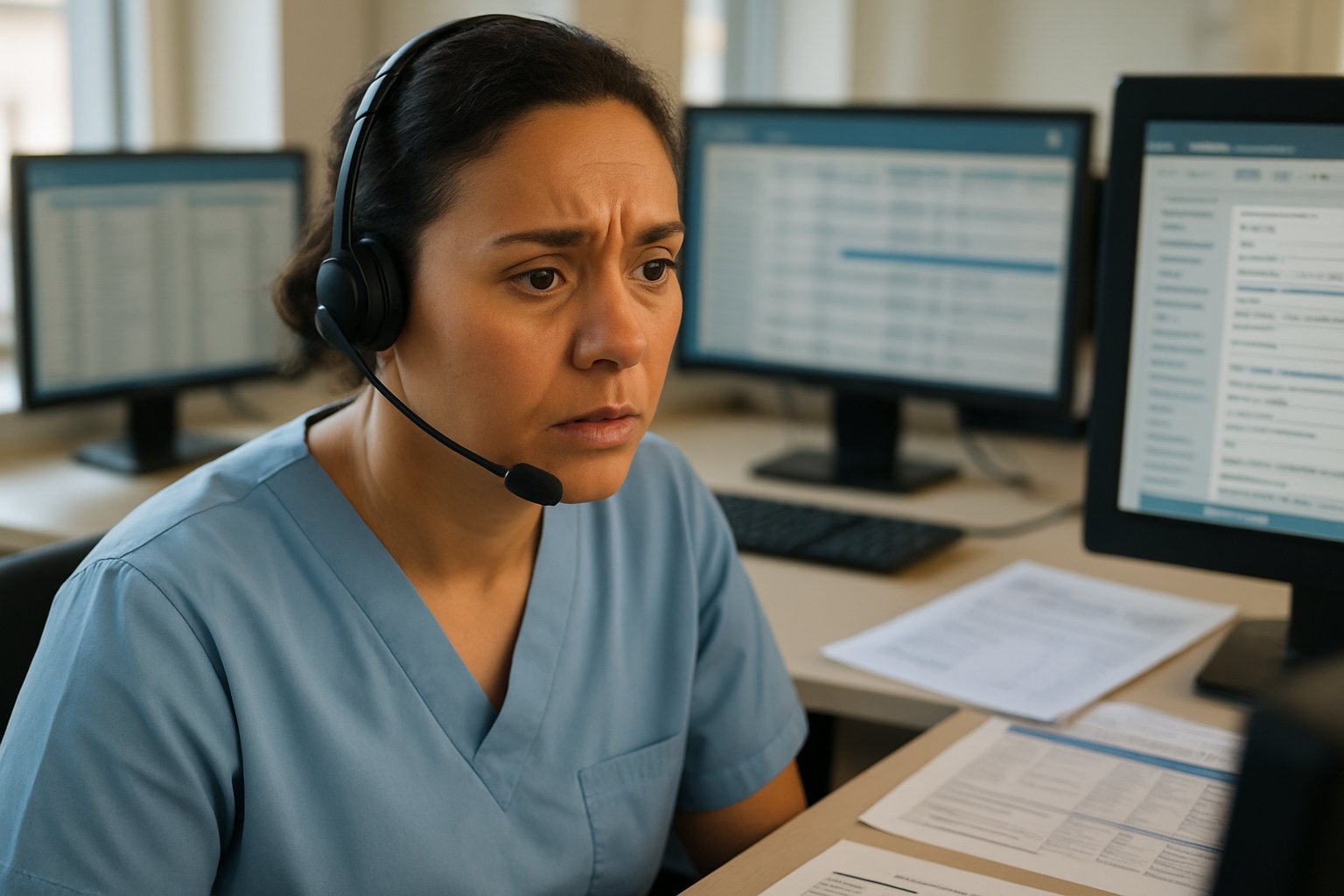 Healthcare worker at call center highlighting Patient Care Delay risks.