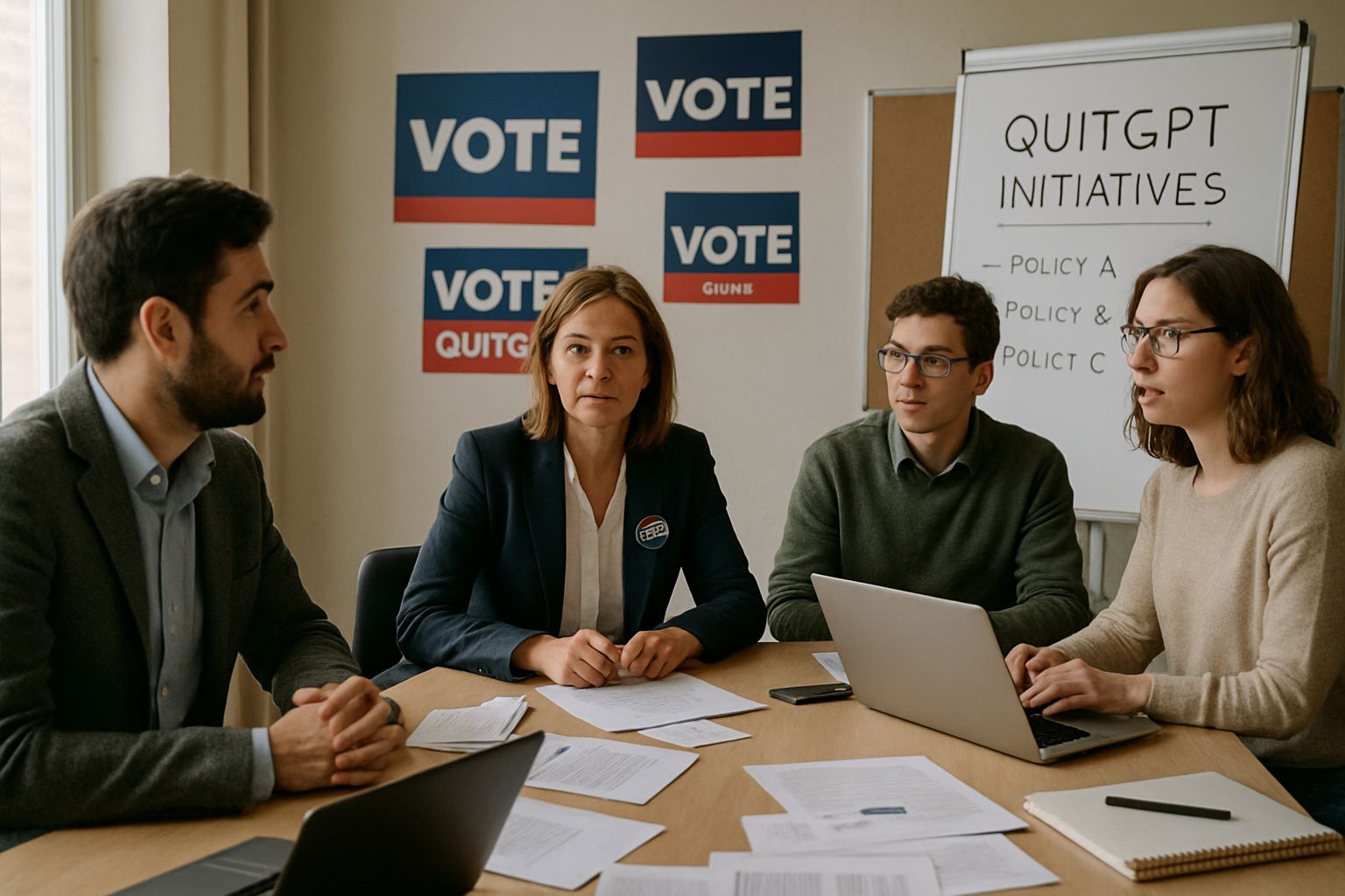 Political Campaign team planning QuitGPT strategy in office