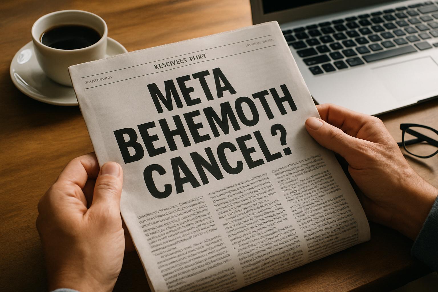 Meta Behemoth Cancel headline on a newspaper in a morning workspace setting