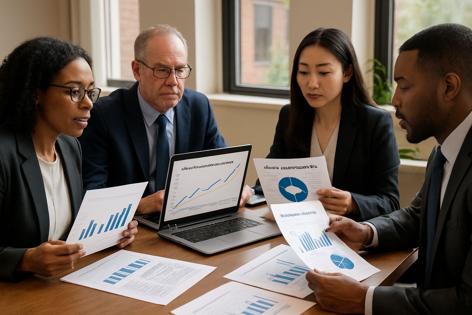 Professionals discussing semiconductor capital allocation with financial charts in an office.
