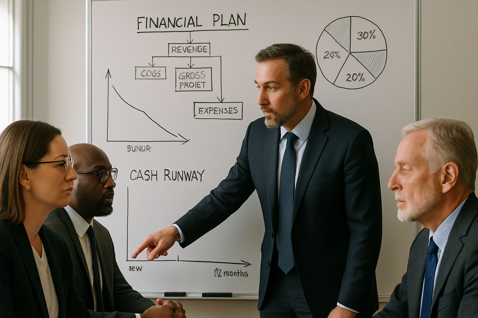 Executives discussing Startup Cash Burn and cash runway in a meeting.