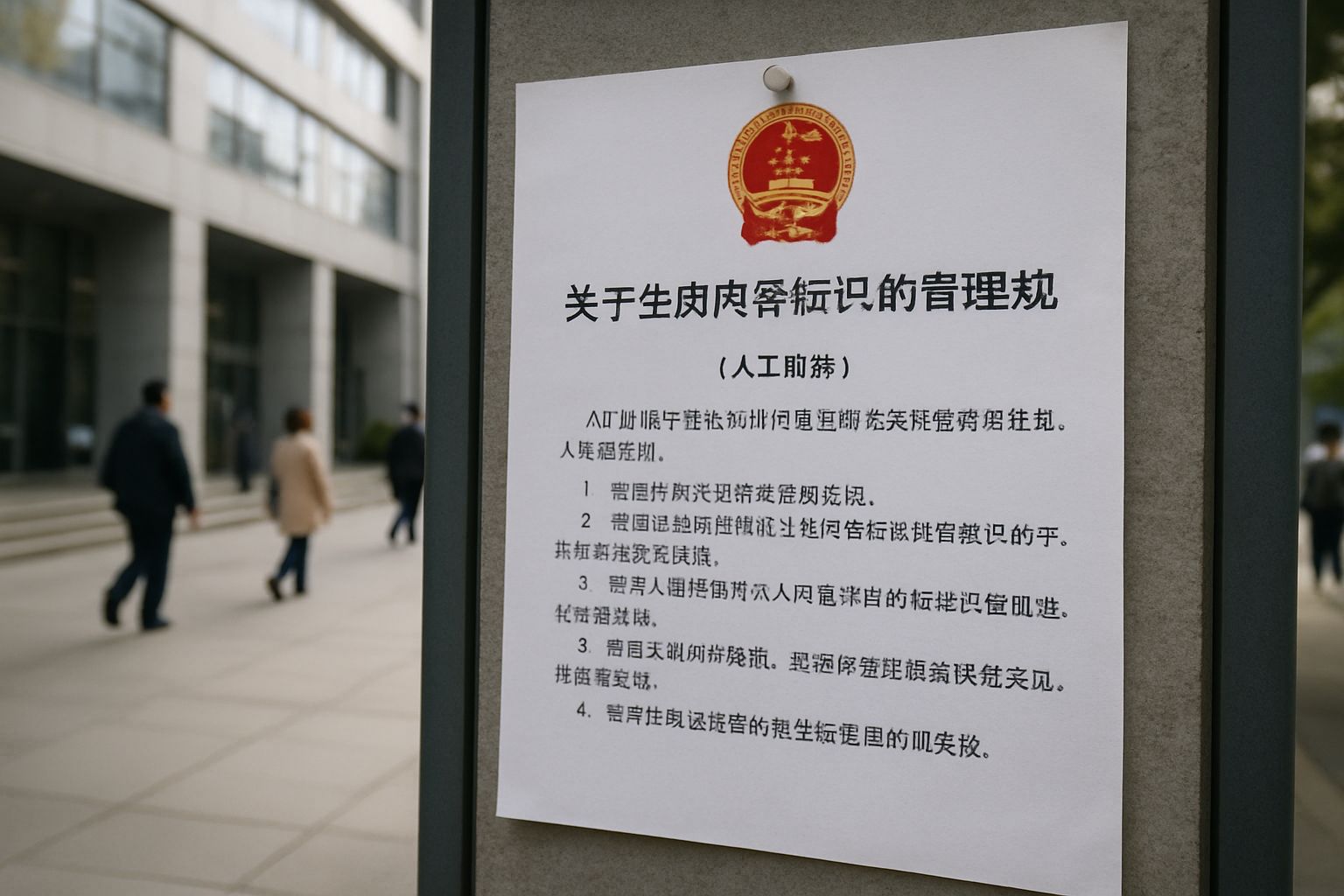 Official notice of State Censorship AI labeling rules posted in Beijing.