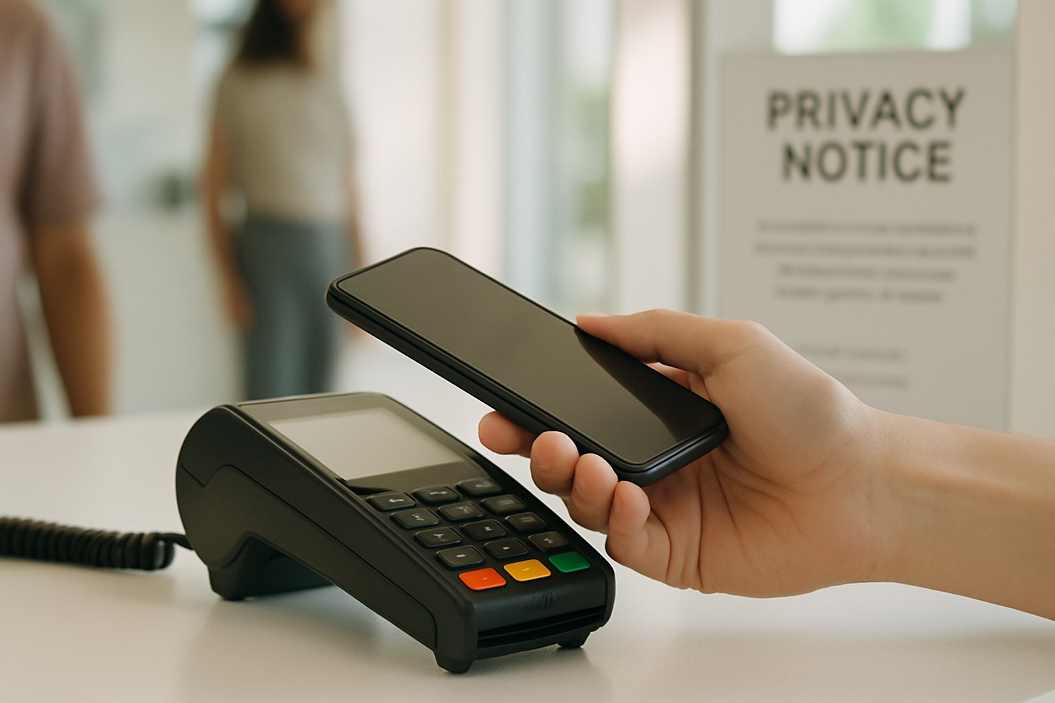 Shopper uses smartphone as Consumer Rights Conflict arises at checkout involving AI data collection.