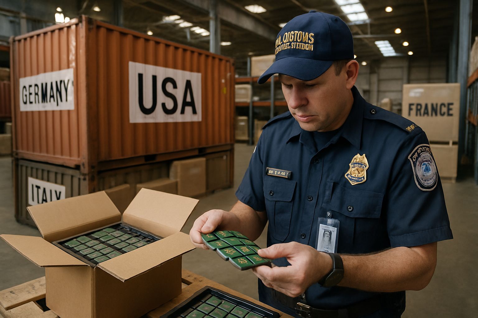 U.S. customs inspects Global Chip Export shipments in warehouse.