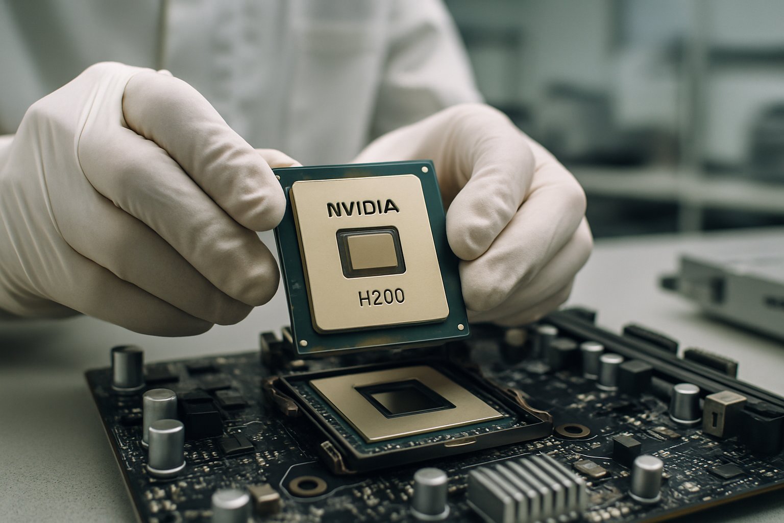 Hardware Chip Diplomacy shown through a technician installing an Nvidia H200 chip.