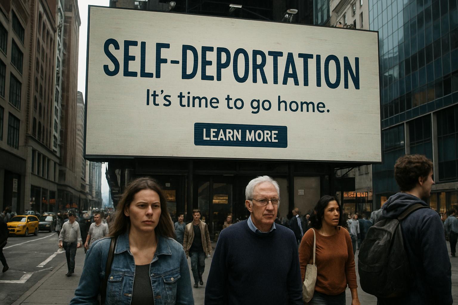 Urban billboard displays self-deportation ad amid Political AI Propaganda Conflict.