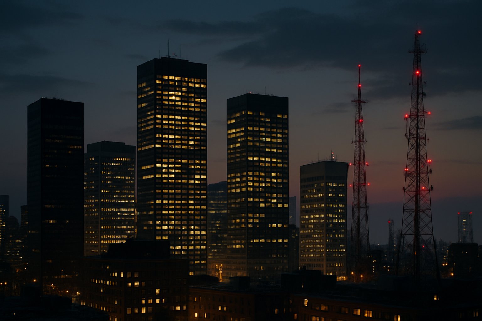 Urban skyline highlights vulnerabilities in global infrastructure reliability amid cloud outages.