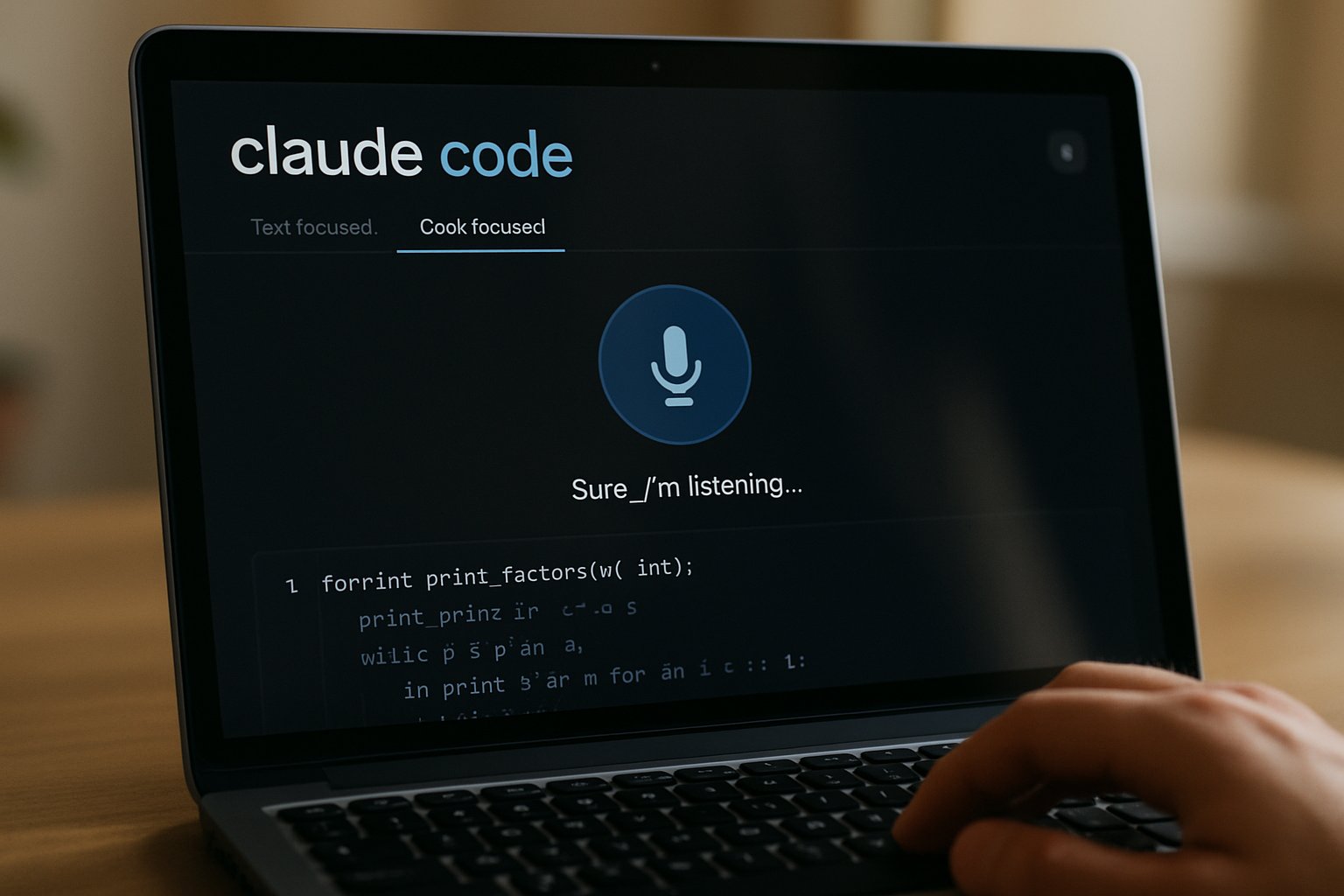 Laptop screen showing Claude Code interface with voice feature enabled.