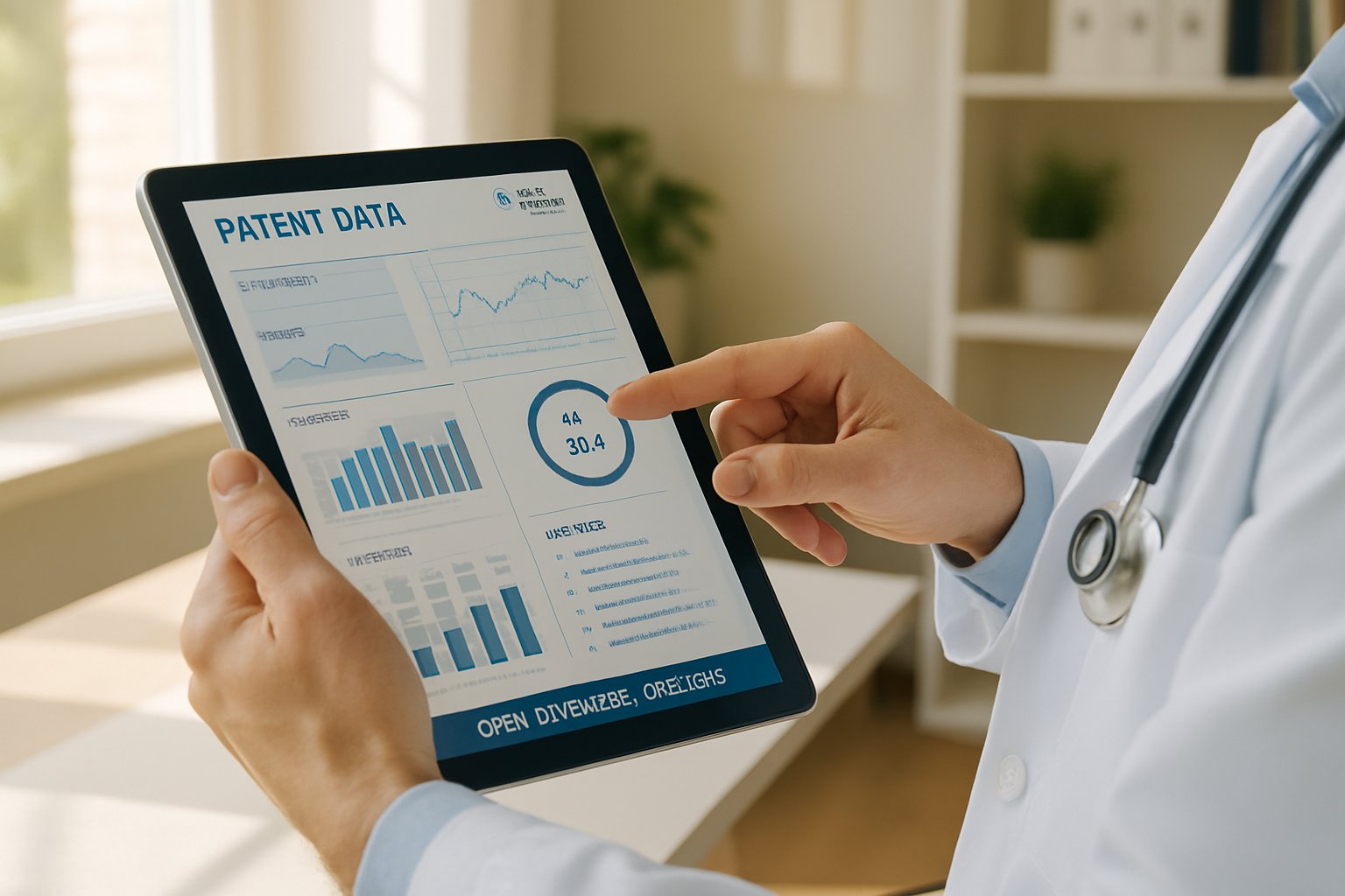 Doctor using Open Evidence Doctors analytics on a digital tablet in clinic.