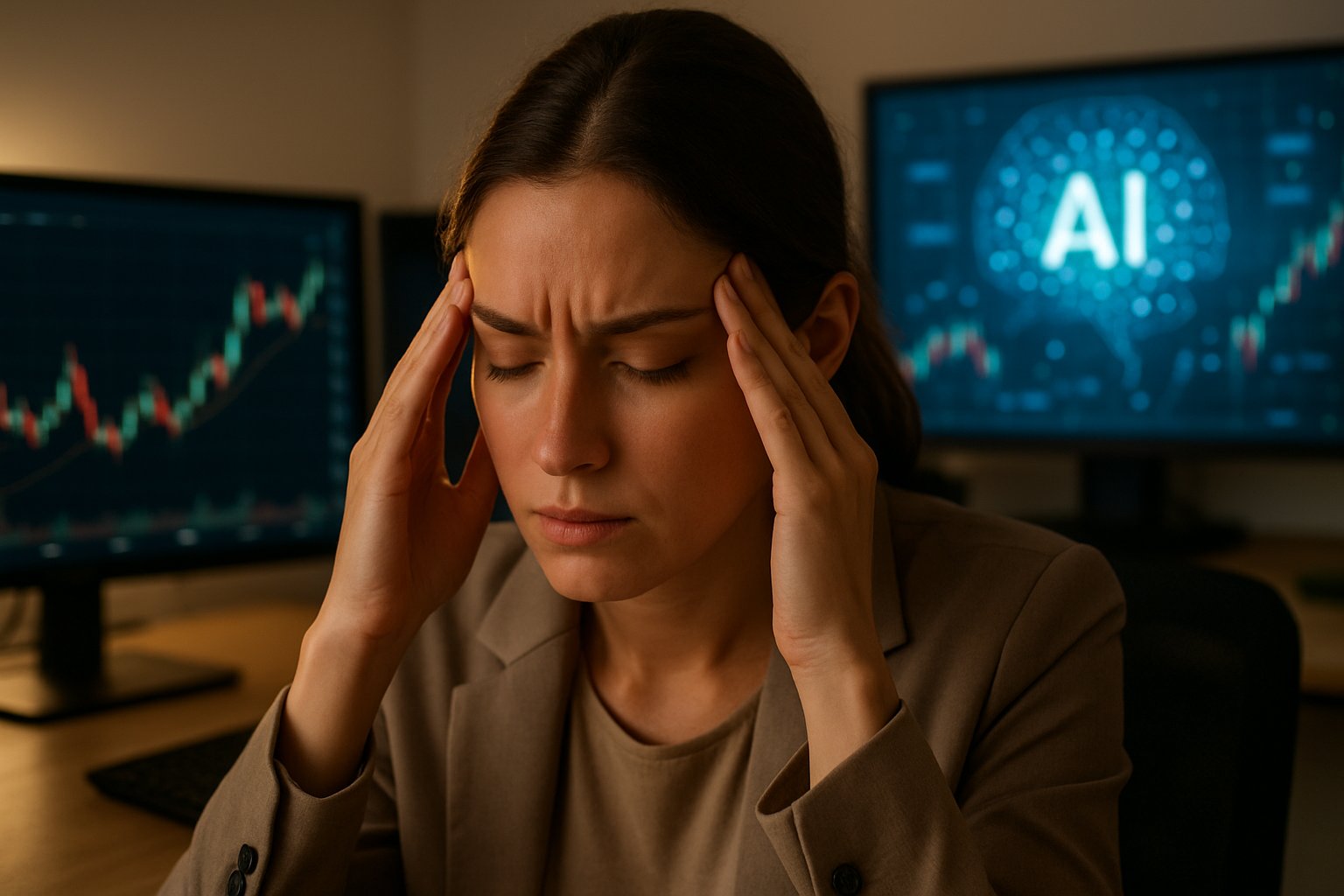 Professional woman shows signs of AI Cognitive Fatigue at her desk.