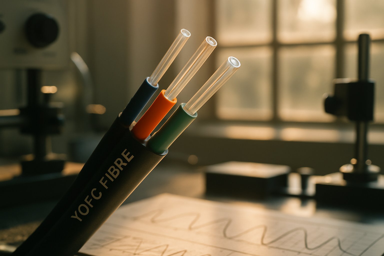 YOFC Fibre hollow-core cable close-up in a research lab environment.