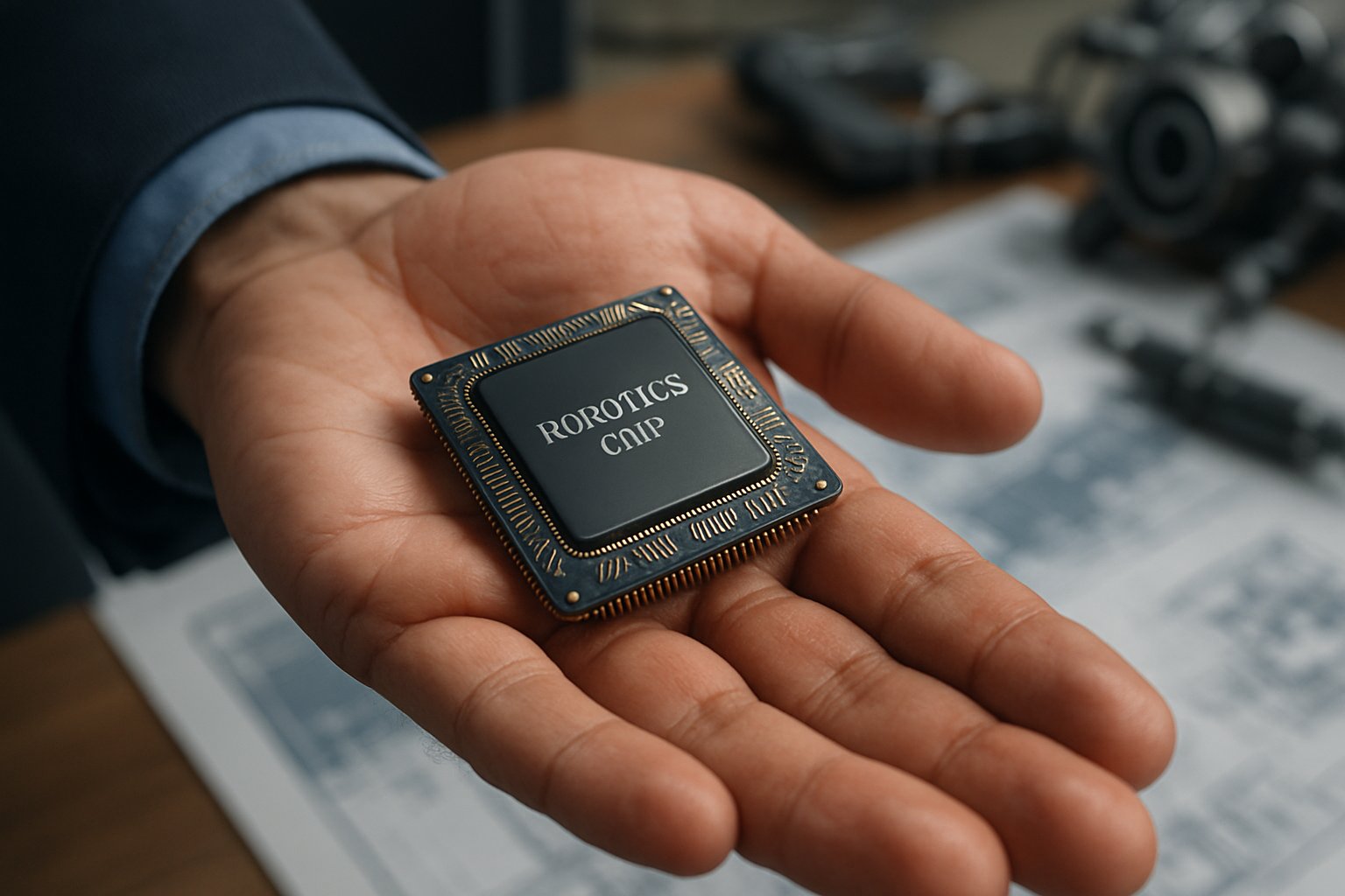 Embodied AI Robotics chip displayed by engineer in realistic close-up.