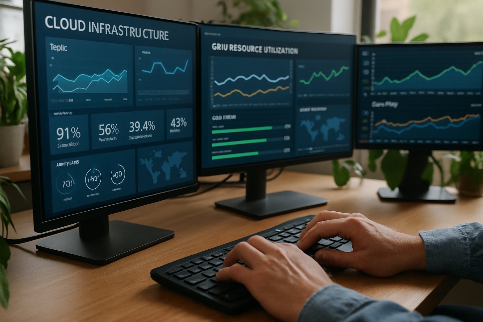 Engineer managing AI Cloud Infrastructure with analytics and GPU graphs on multiple monitors.
