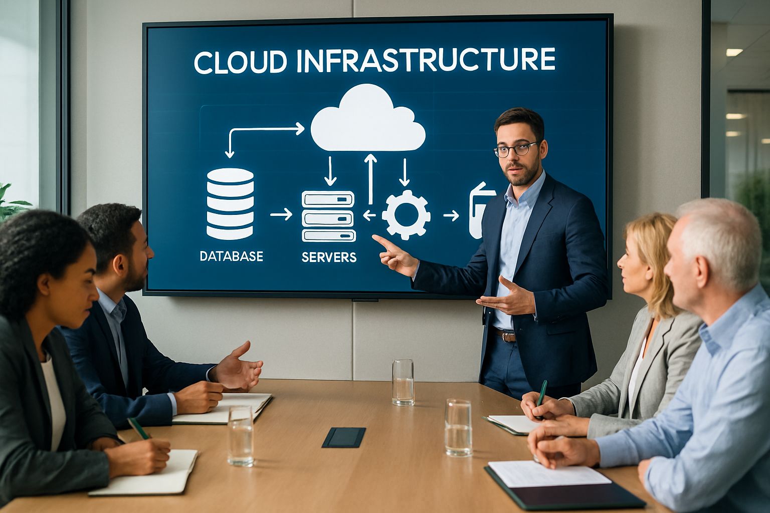 Expert demonstrates Cloud Services Transition steps to attentive professionals in a conference room.