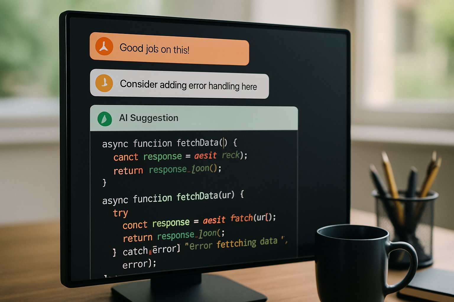 Code review with AI Coding Agents providing suggestions on a realistic screen.