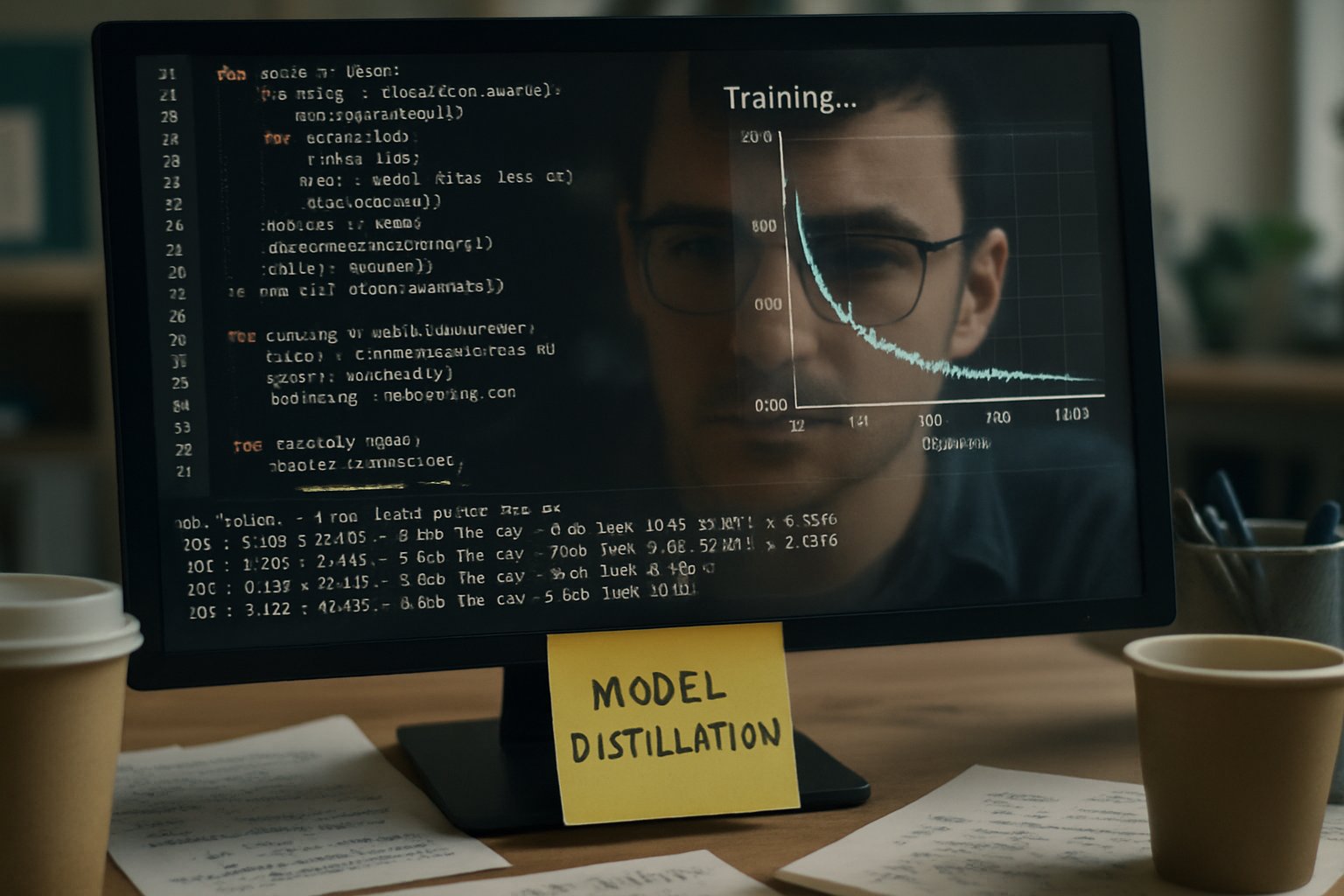 Model Distillation code and neural network training in authentic workspace.