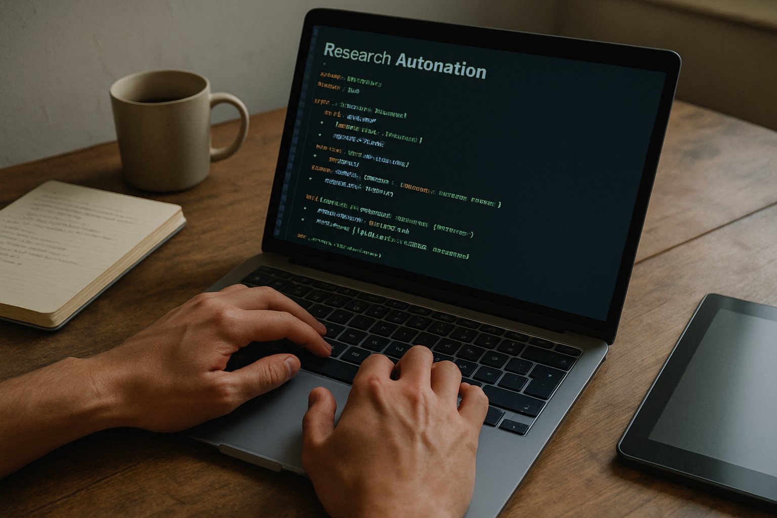 Closeup of hands coding Research Automation software in a natural office setting.